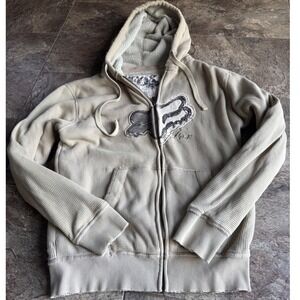 Y2K Fox Racing Thermal Sherpa Lined Zip Hoodie Mens Tan Waffle Knit Sweatshirt